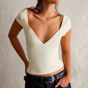 Free People Cream V-Neck Short Sleeve Tank Top